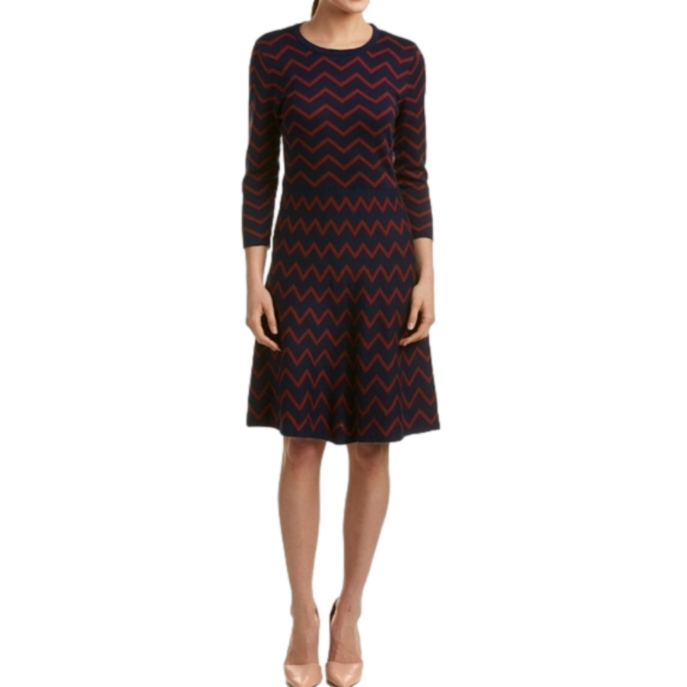 Nine West Navy Chevron 3/4 Length Sleeve Sweater Dress-Size Medium